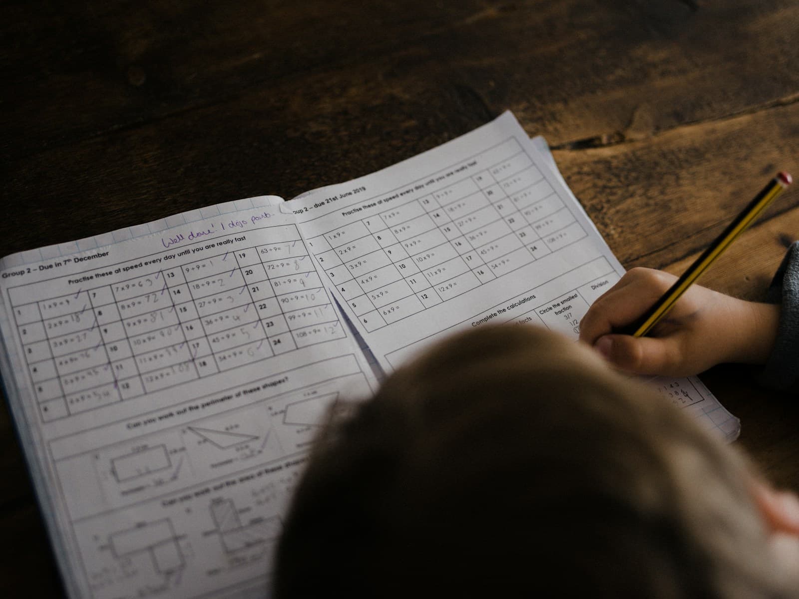 A student working through a marked times-tables worksheet